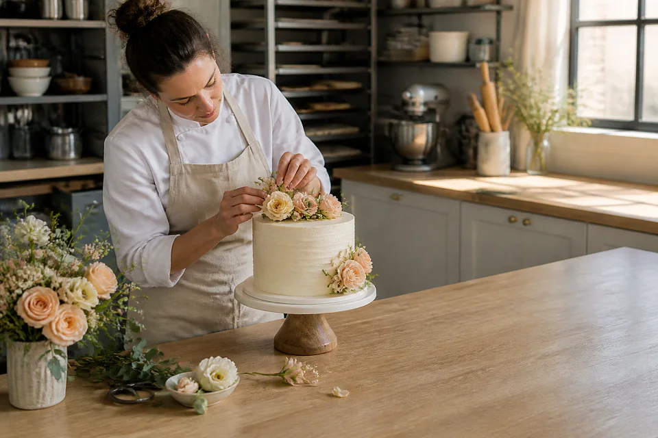 Gâteau de mariage préparé dans un atelier — illustration générée par IA