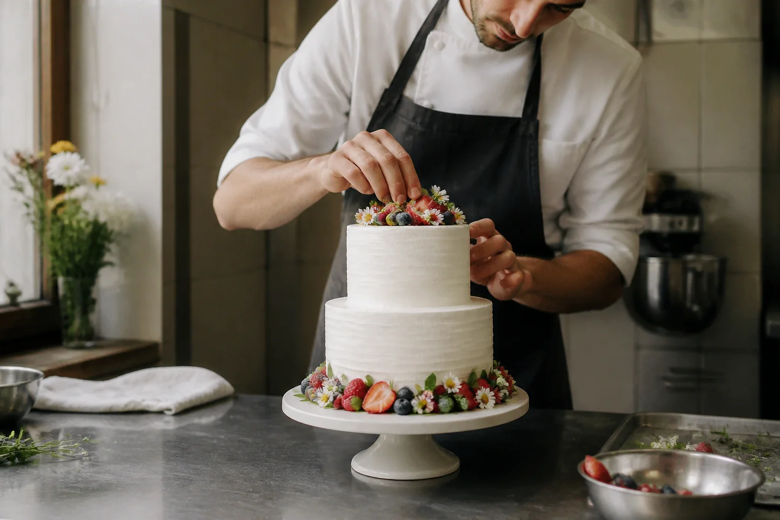 Gâteau de mariage préparé dans un atelier — illustration générée par IA