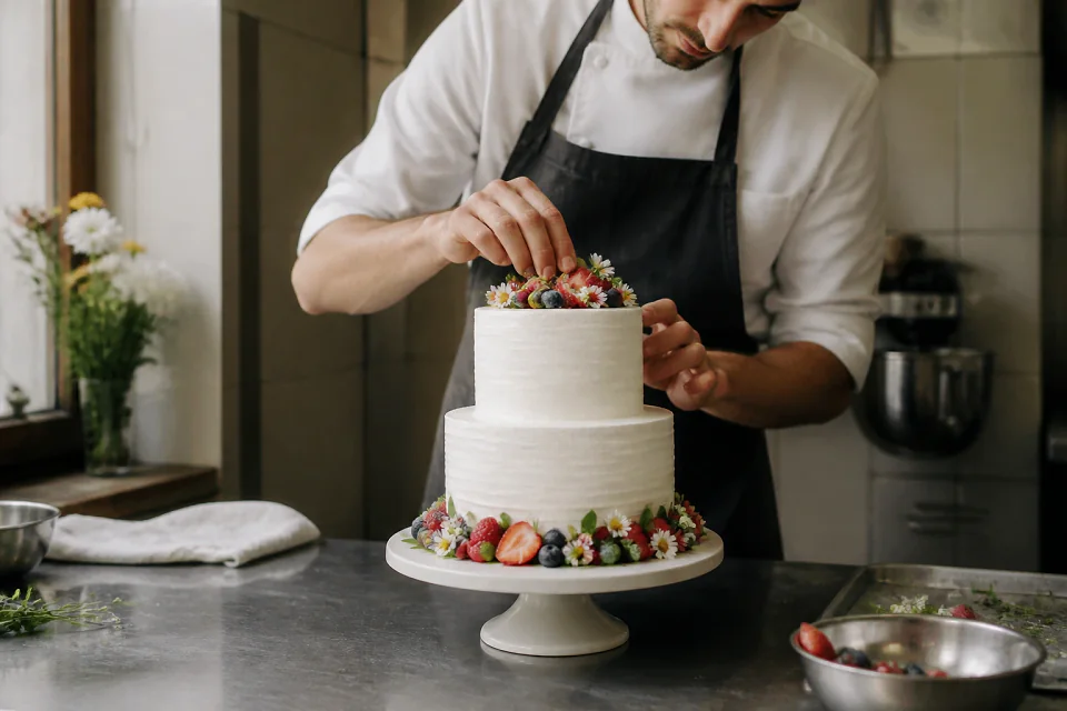 Gâteau de mariage préparé dans un atelier — illustration générée par IA