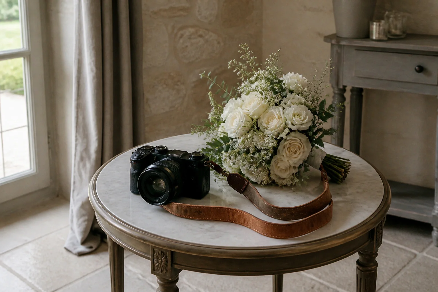 Appareil photo et accessoires de reportage de mariage — illustration générée par IA