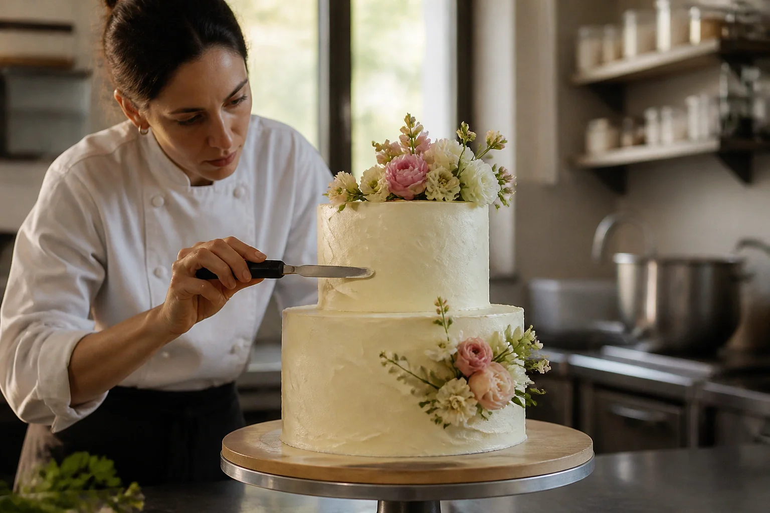 Gâteau de mariage préparé dans un atelier — illustration générée par IA