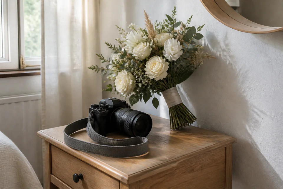 Appareil photo et accessoires de reportage de mariage — illustration générée par IA