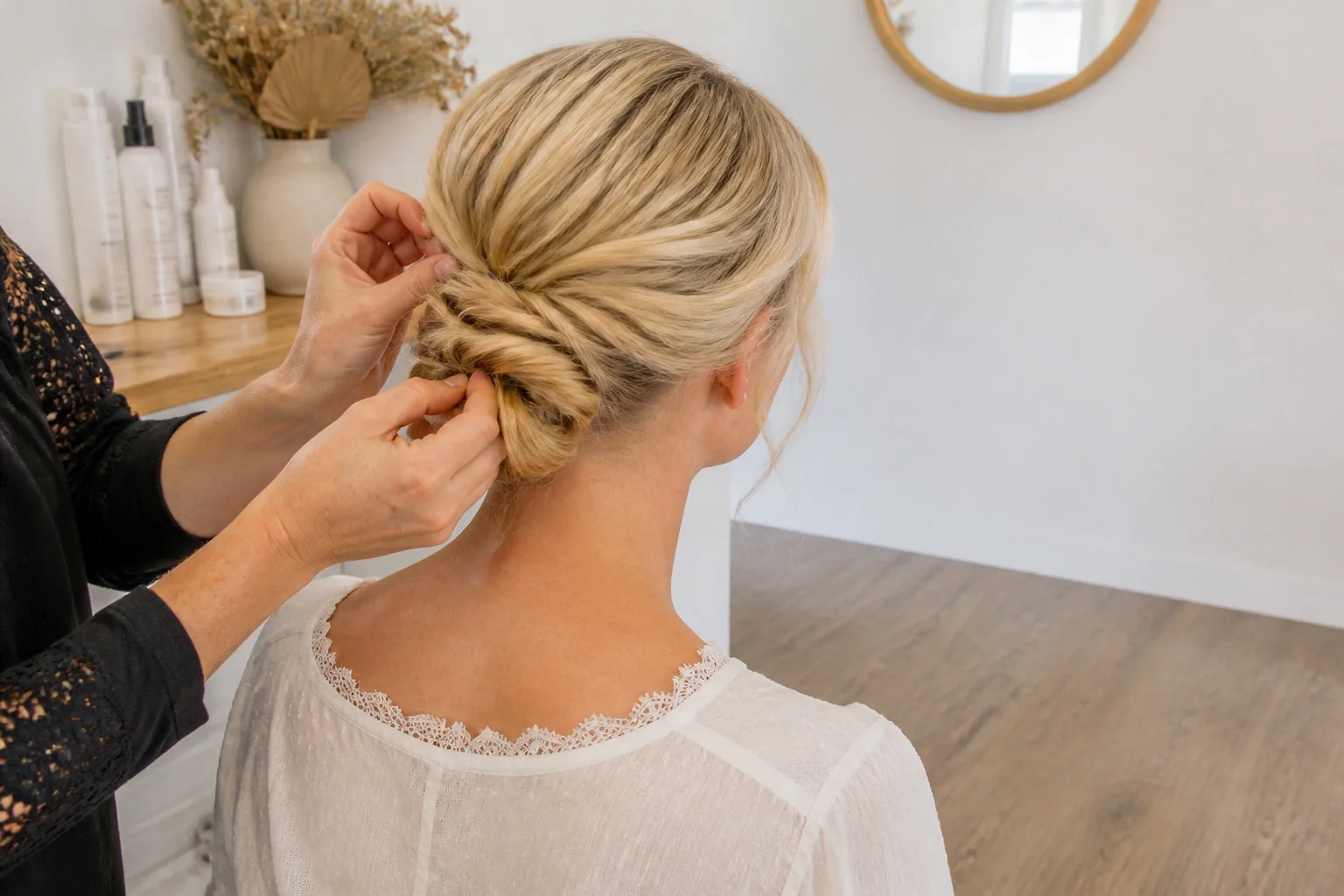Coiffure de cérémonie vue pendant la préparation — illustration générée par IA