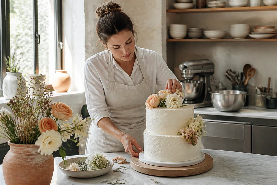 Gâteau de mariage préparé dans un atelier — illustration générée par IA