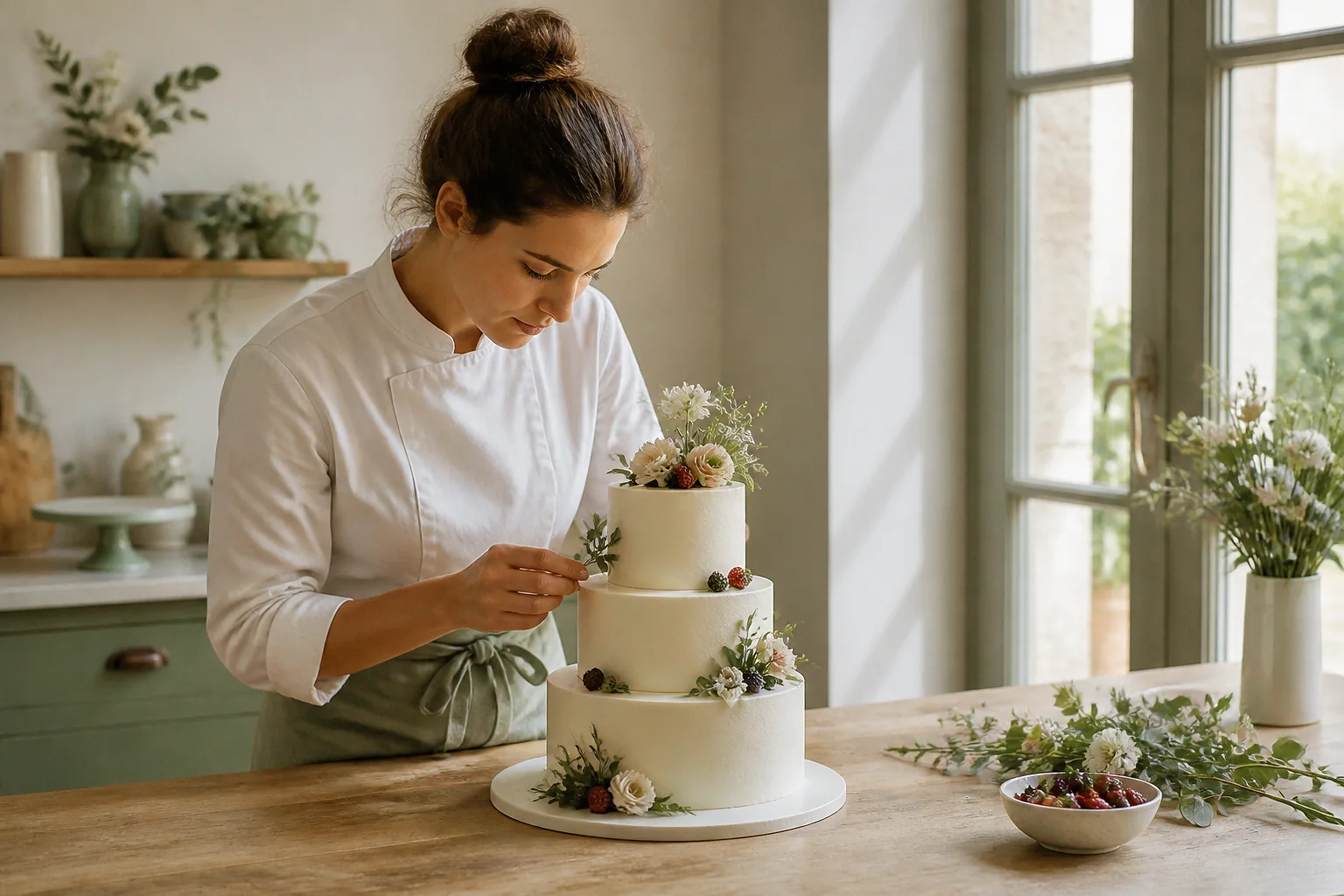 Gâteau de mariage préparé dans un atelier — illustration générée par IA