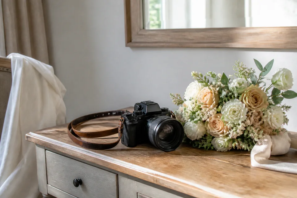 Appareil photo et accessoires de reportage de mariage — illustration générée par IA