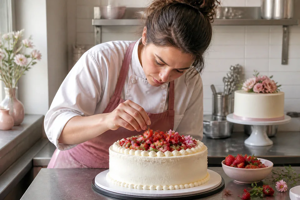 Gâteau de mariage préparé dans un atelier — illustration générée par IA