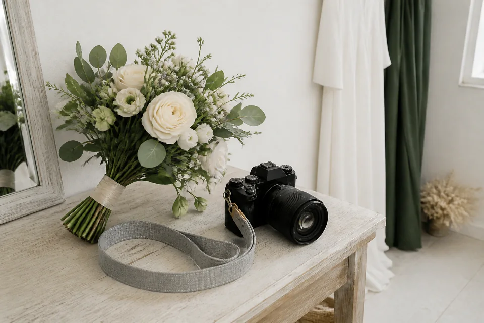 Appareil photo et accessoires de reportage de mariage — illustration générée par IA