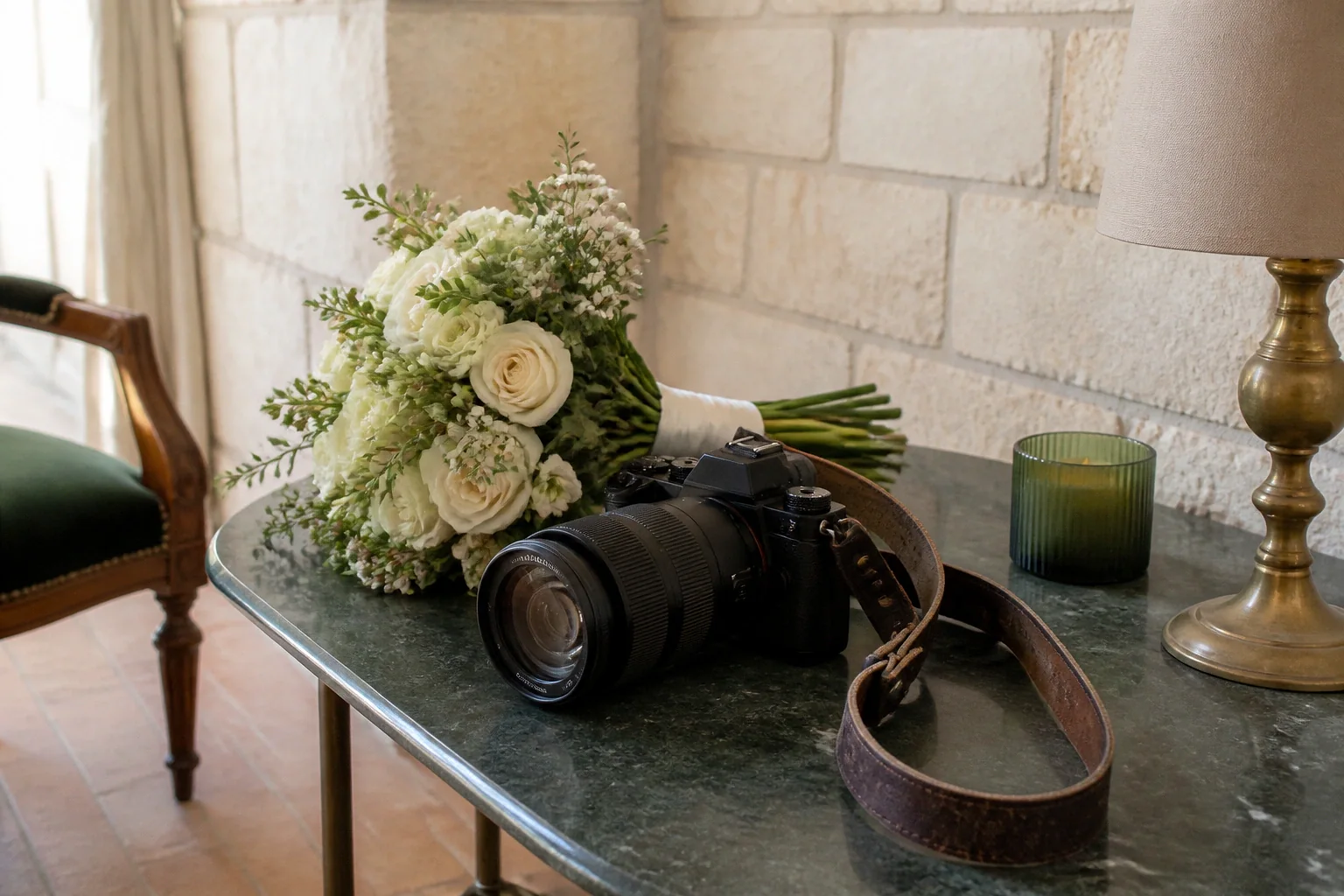 Appareil photo et accessoires de reportage de mariage — illustration générée par IA