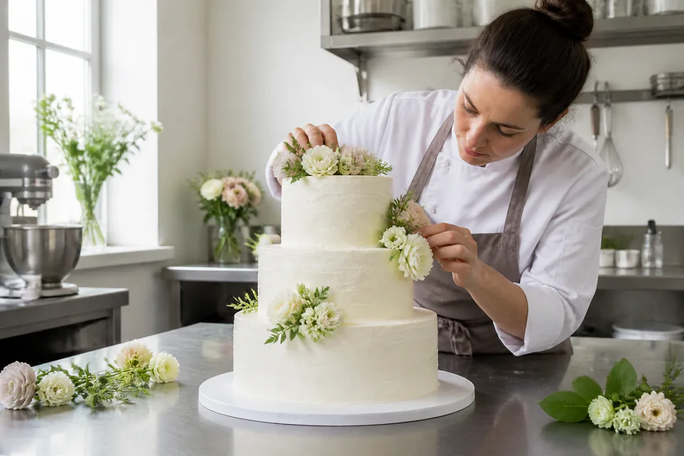 Gâteau de mariage préparé dans un atelier — illustration générée par IA