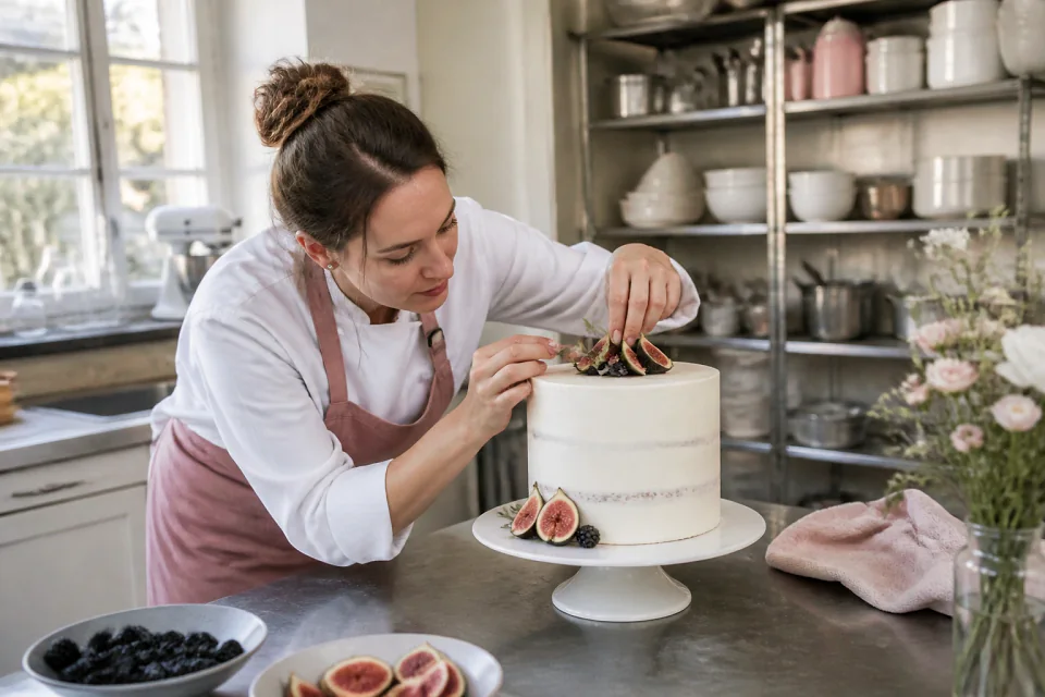 Gâteau de mariage préparé dans un atelier — illustration générée par IA