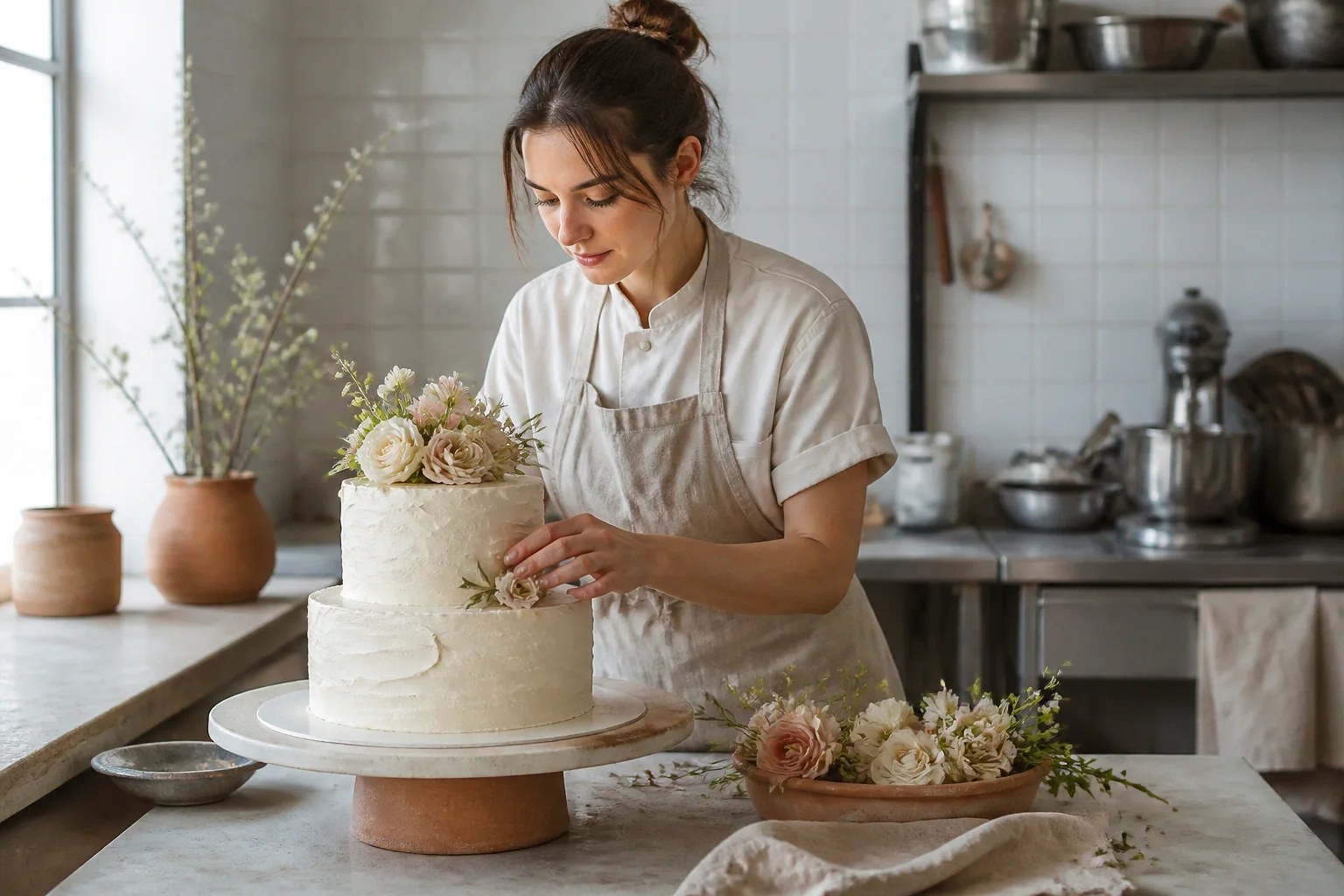 Gâteau de mariage préparé dans un atelier — illustration générée par IA
