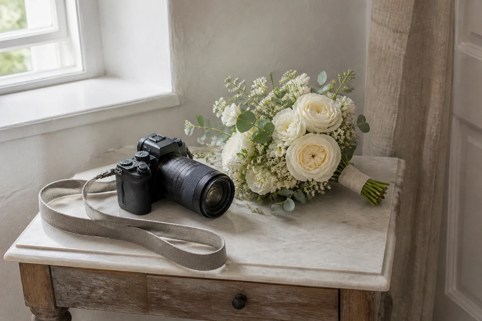 Appareil photo et accessoires de reportage de mariage — illustration générée par IA