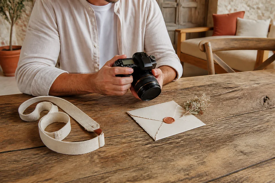 Appareil photo et accessoires de reportage de mariage — illustration générée par IA