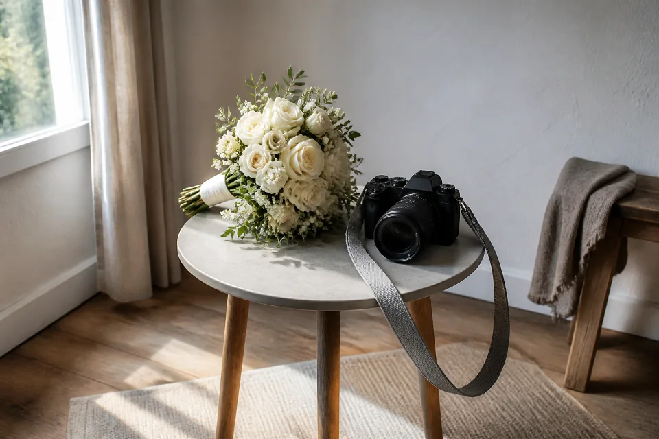 Appareil photo et accessoires de reportage de mariage — illustration générée par IA