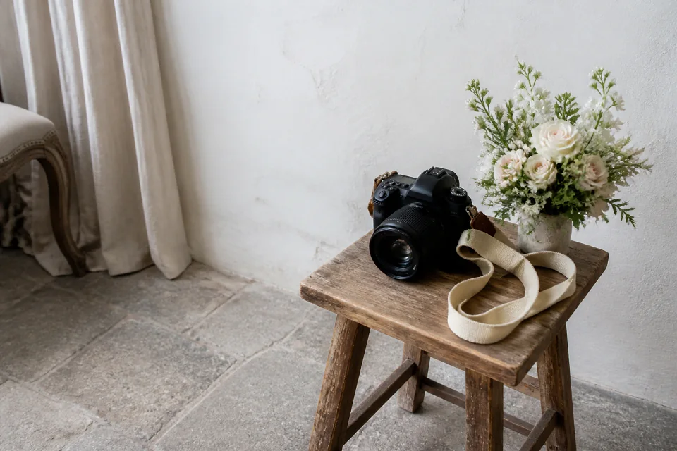 Appareil photo et accessoires de reportage de mariage — illustration générée par IA