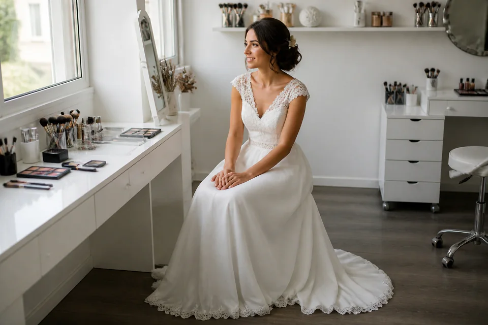 Préparation d’un maquillage de mariage — illustration générée par IA