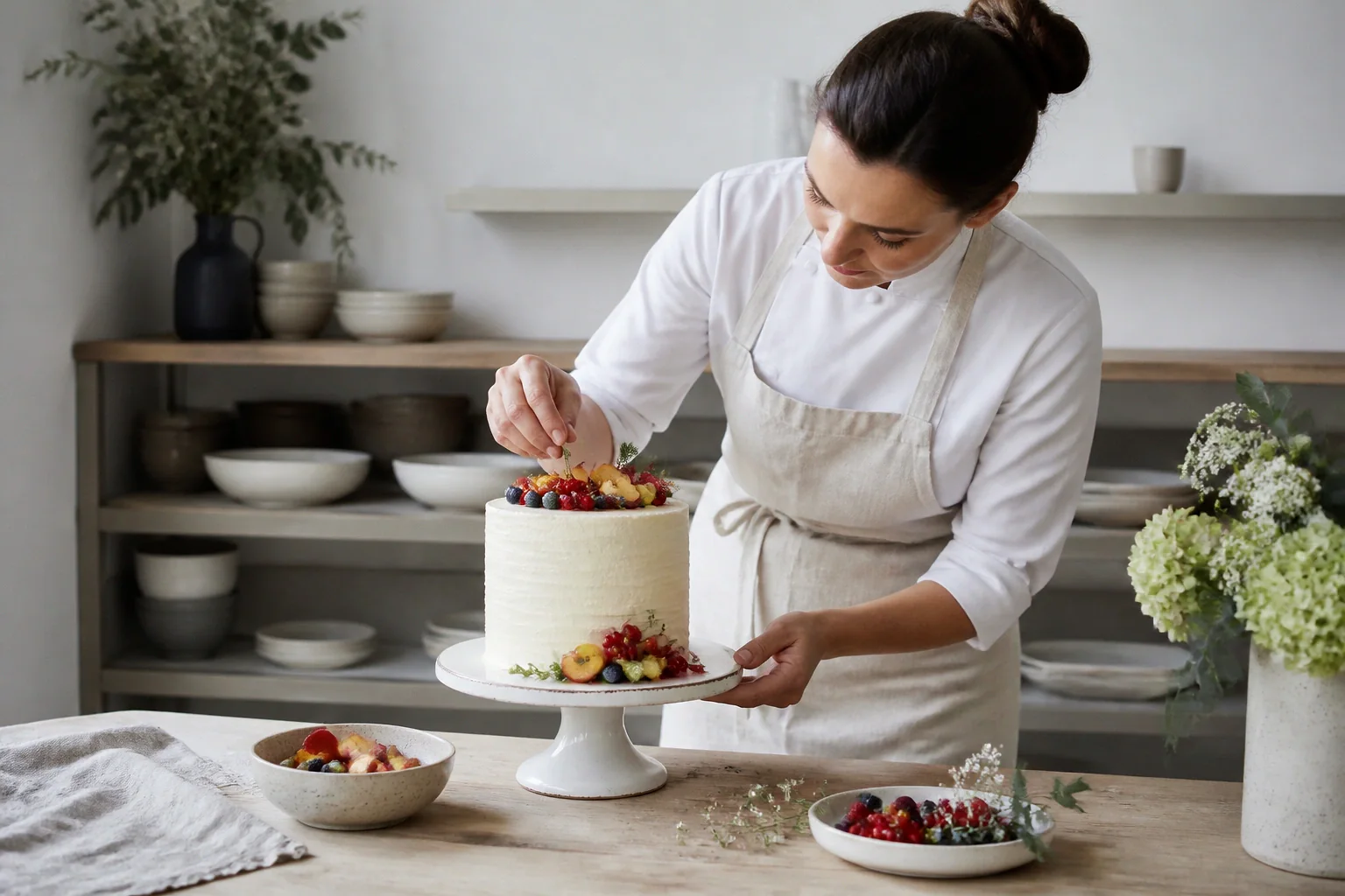 Gâteau de mariage préparé dans un atelier — illustration générée par IA