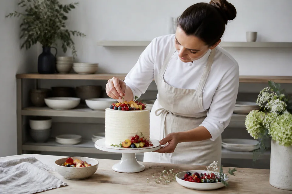 Gâteau de mariage préparé dans un atelier — illustration générée par IA
