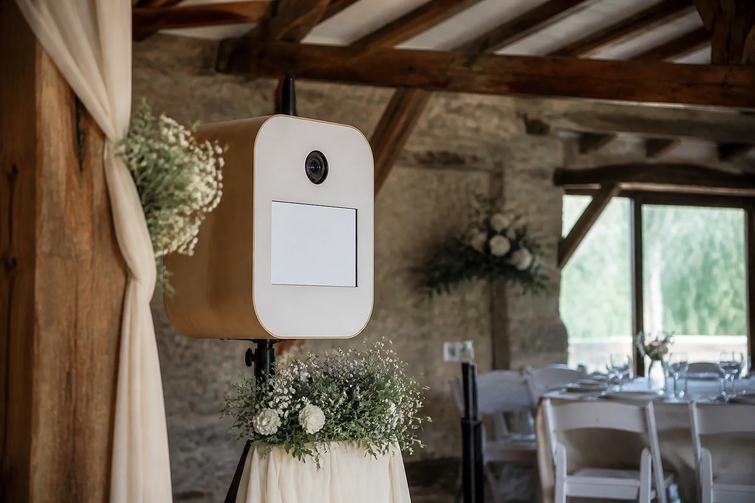 Borne photo installée pour une réception de mariage — illustration générée par IA