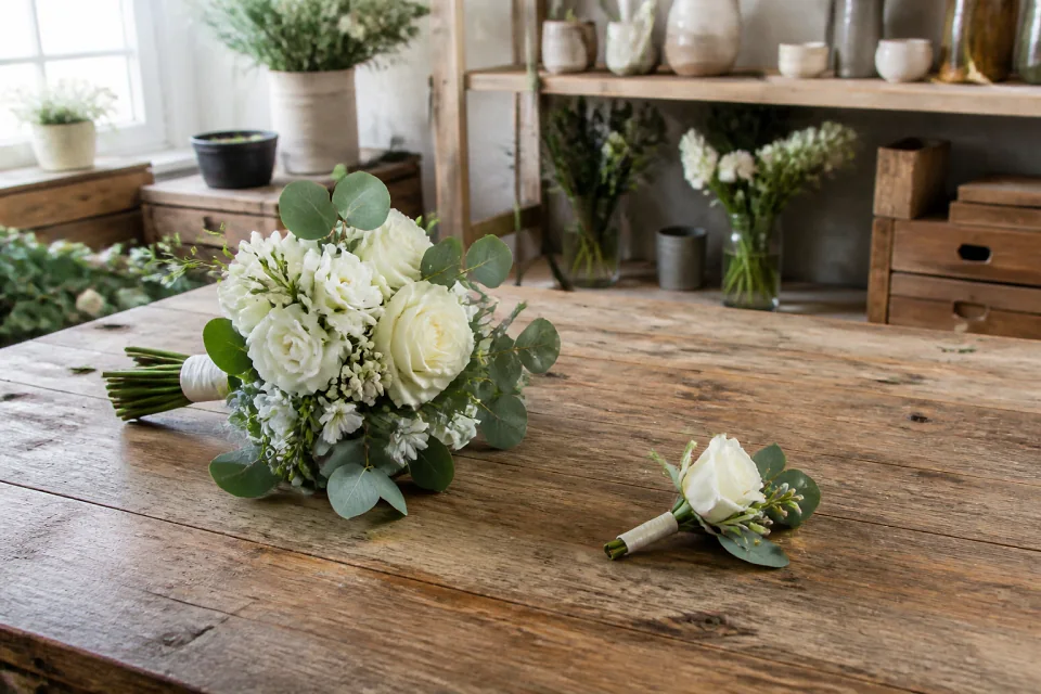 Préparation florale pour un mariage — illustration générée par IA
