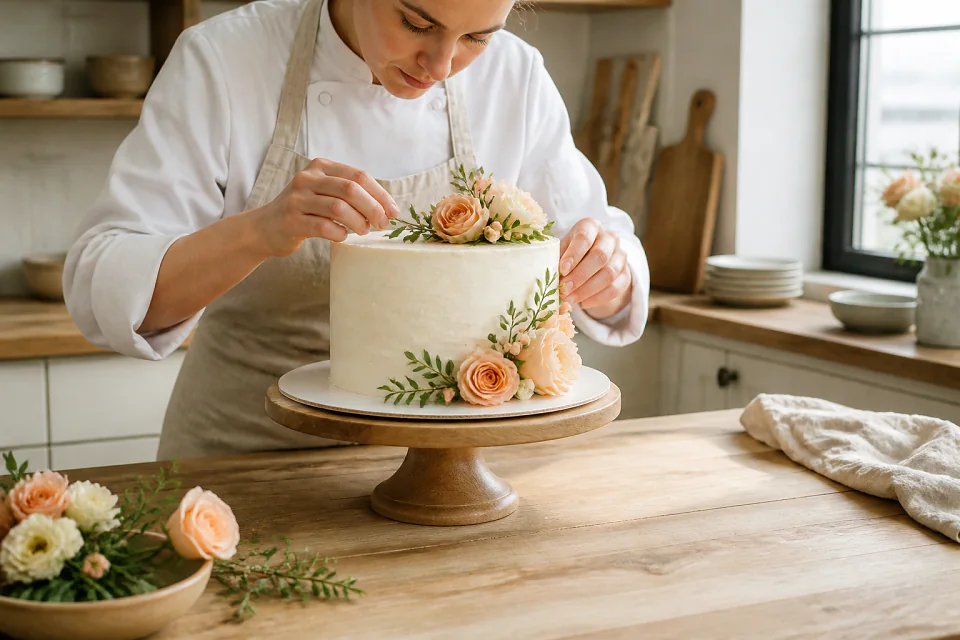 Gâteau de mariage préparé dans un atelier — illustration générée par IA