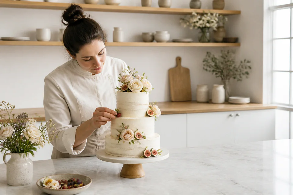 Gâteau de mariage préparé dans un atelier — illustration générée par IA