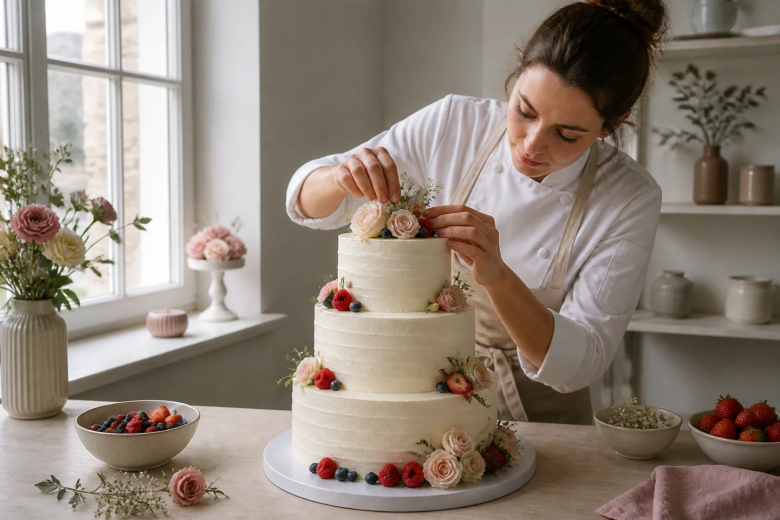 Gâteau de mariage préparé dans un atelier — illustration générée par IA