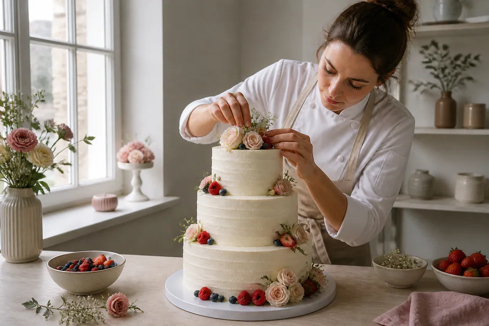 Gâteau de mariage préparé dans un atelier — illustration générée par IA