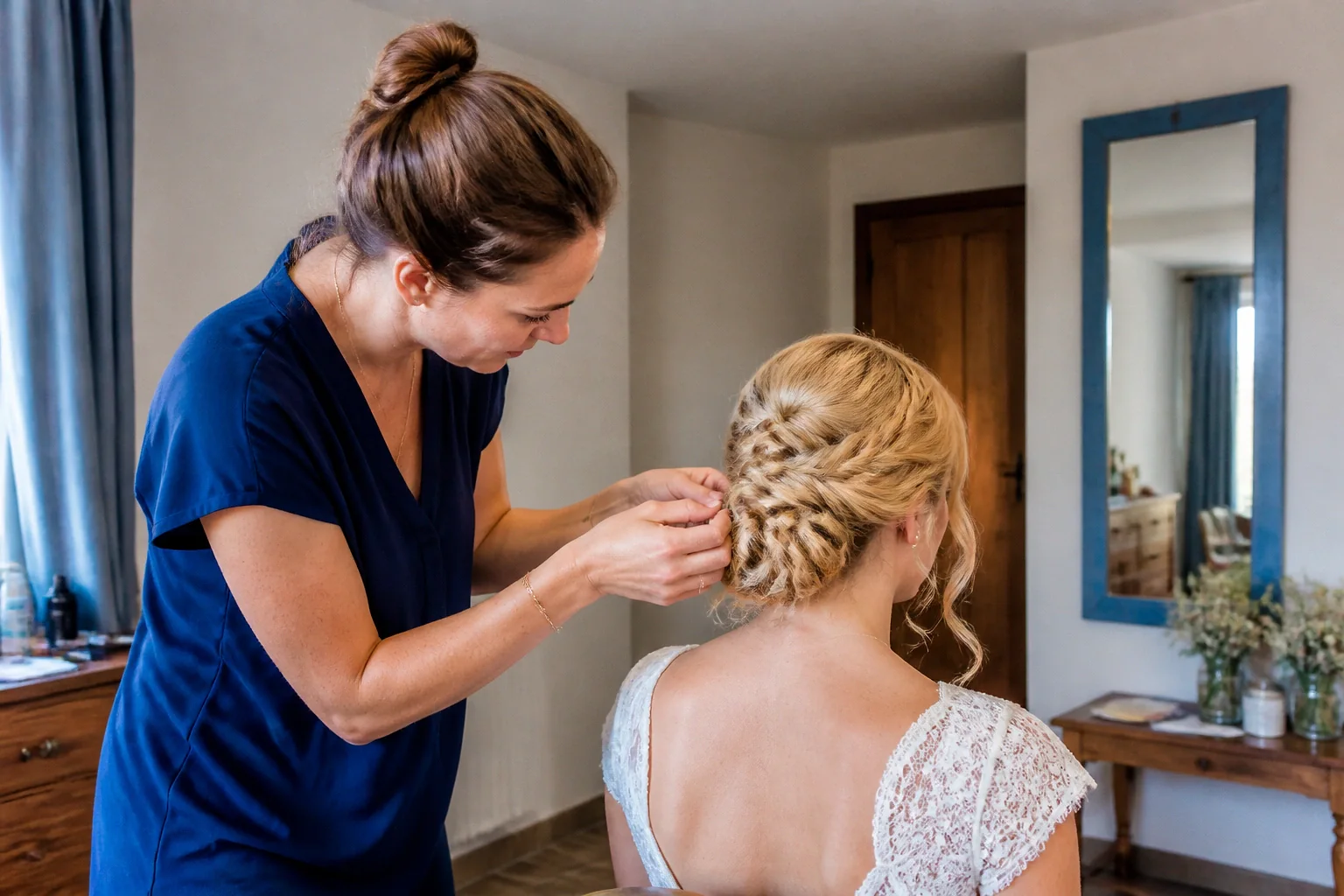Coiffure de cérémonie vue pendant la préparation — illustration générée par IA