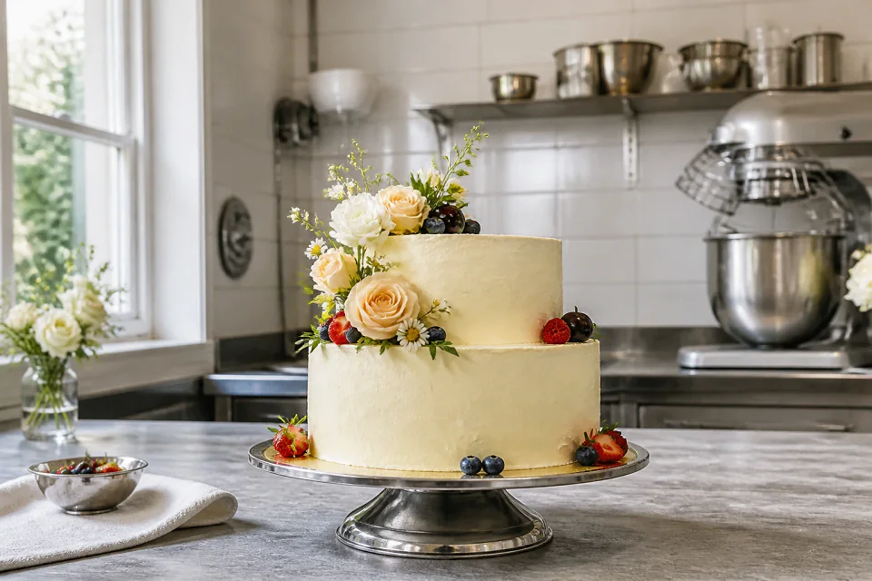 Gâteau de mariage préparé dans un atelier — illustration générée par IA