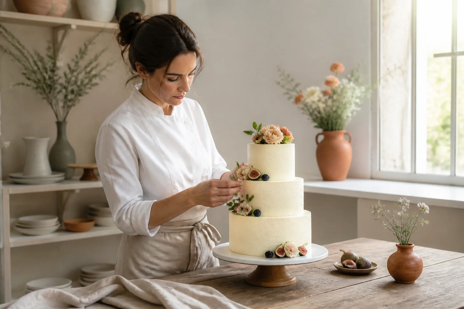 Gâteau de mariage préparé dans un atelier — illustration générée par IA