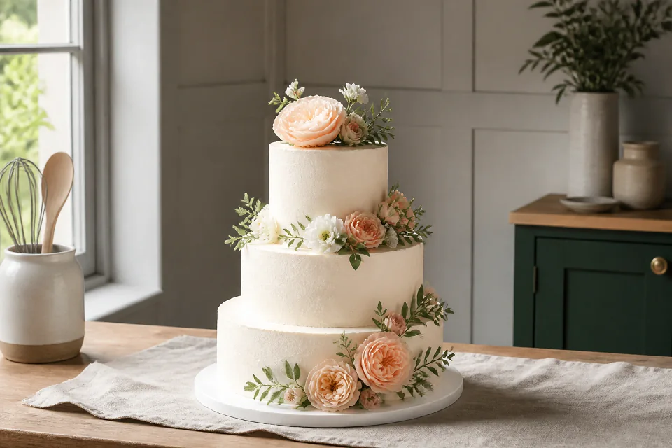Gâteau de mariage préparé dans un atelier — illustration générée par IA
