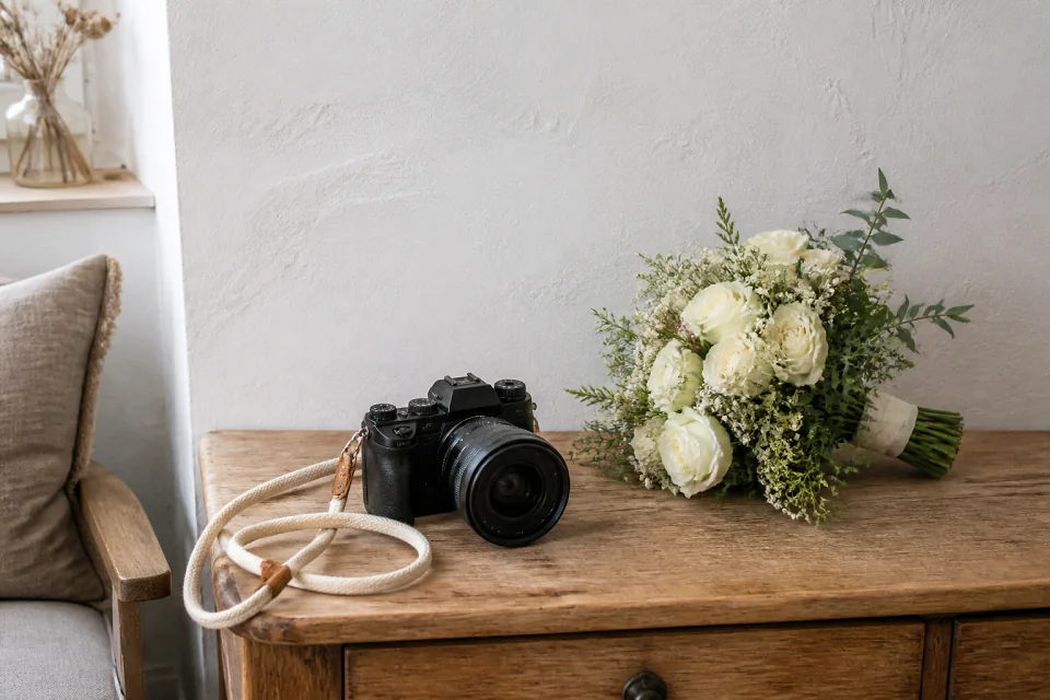 Appareil photo et accessoires de reportage de mariage — illustration générée par IA