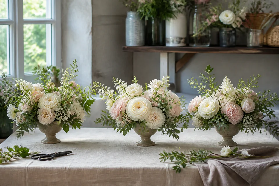 Préparation florale pour un mariage — illustration générée par IA