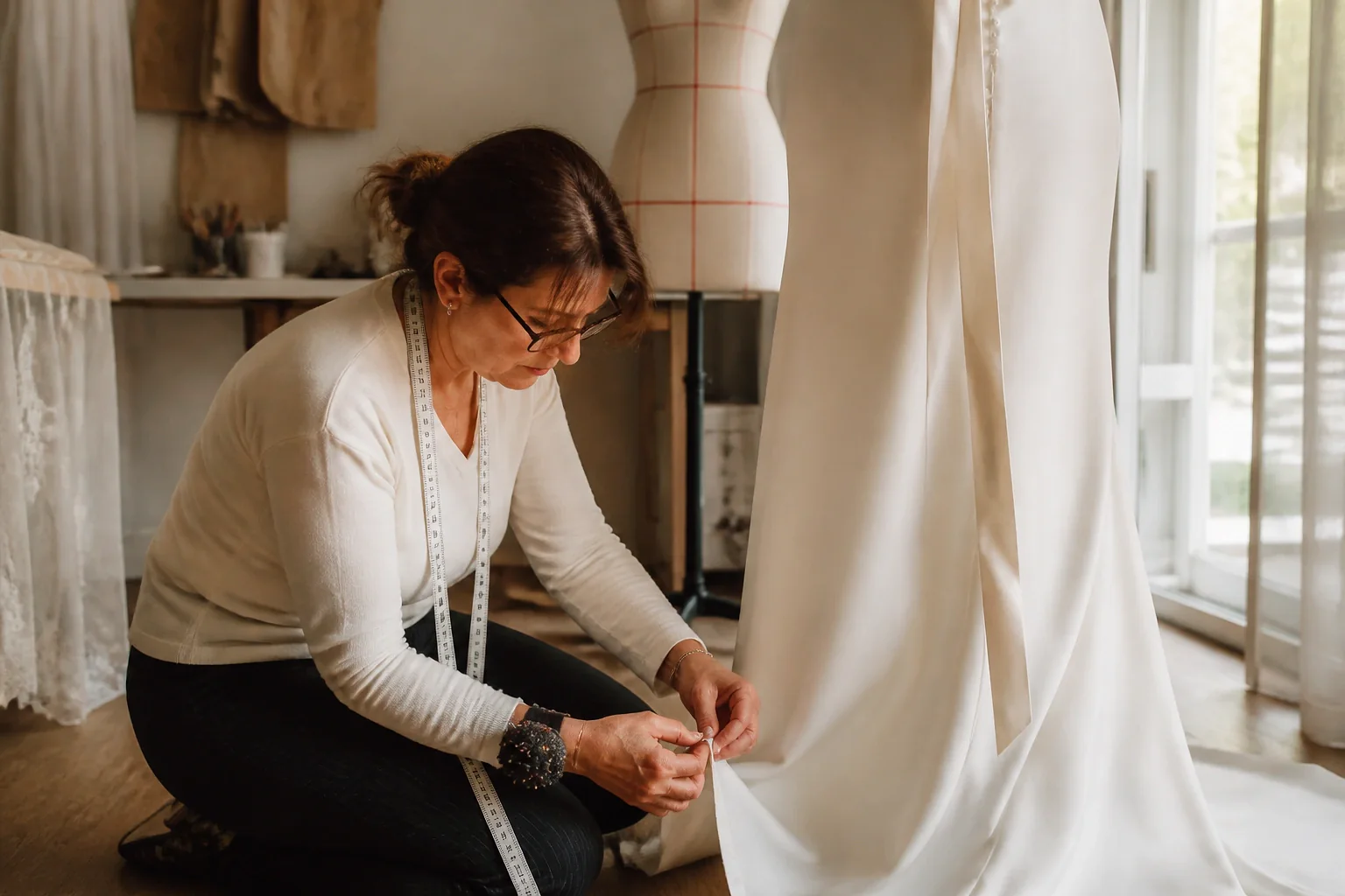 Robe de mariée dans un atelier de confection — illustration générée par IA