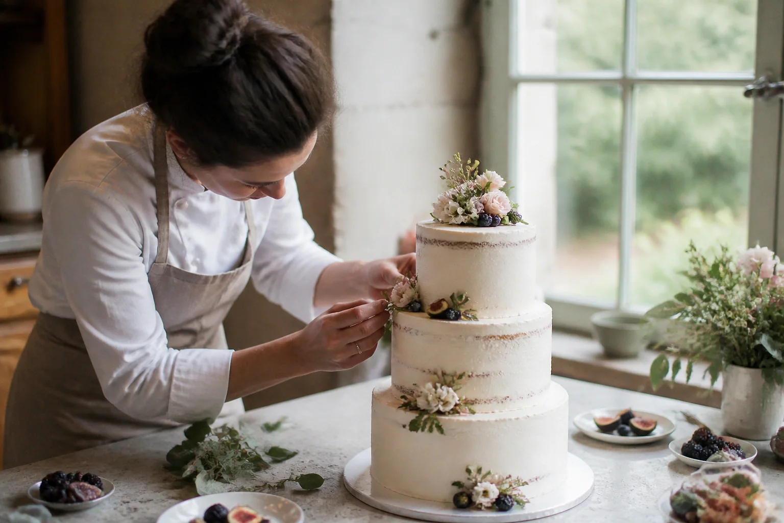 Gâteau de mariage préparé dans un atelier — illustration générée par IA