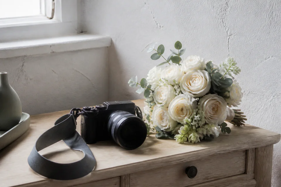 Appareil photo et accessoires de reportage de mariage — illustration générée par IA