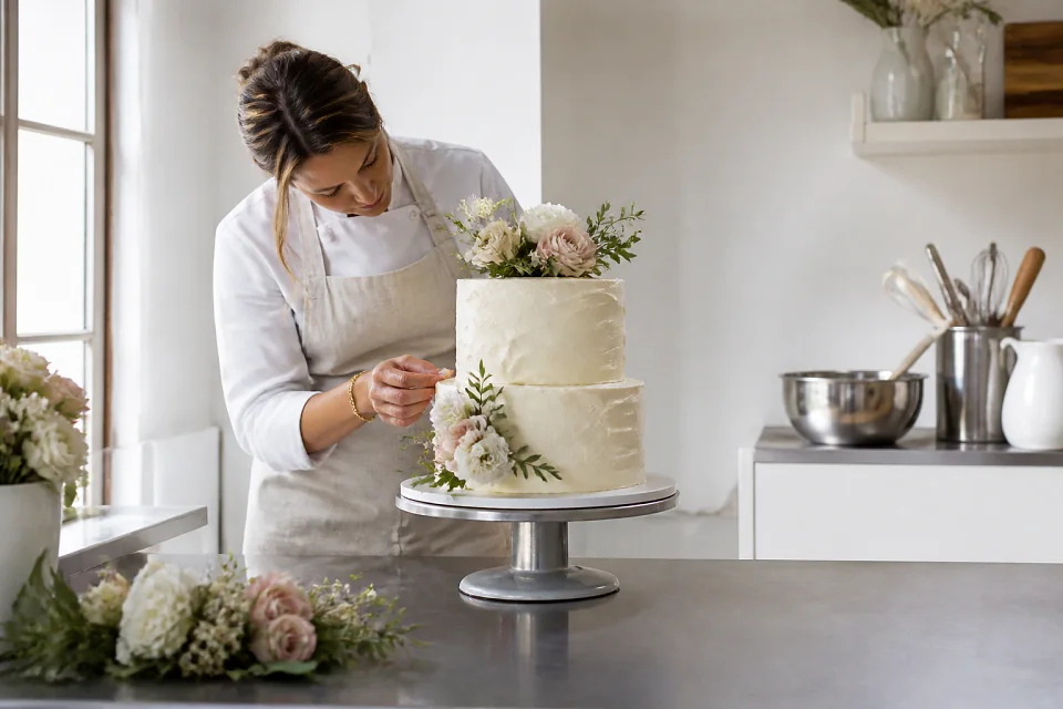Gâteau de mariage préparé dans un atelier — illustration générée par IA