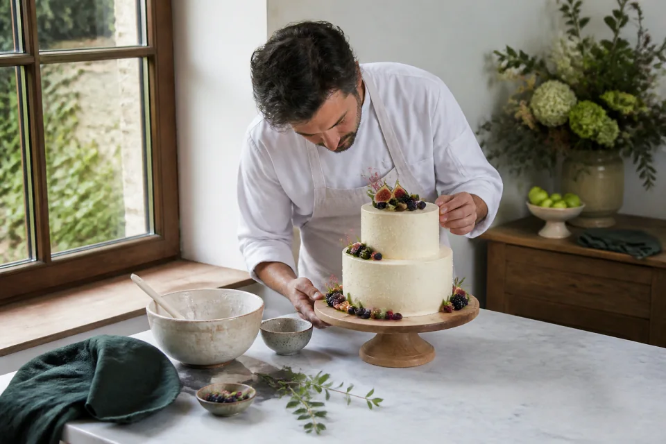 Gâteau de mariage préparé dans un atelier — illustration générée par IA