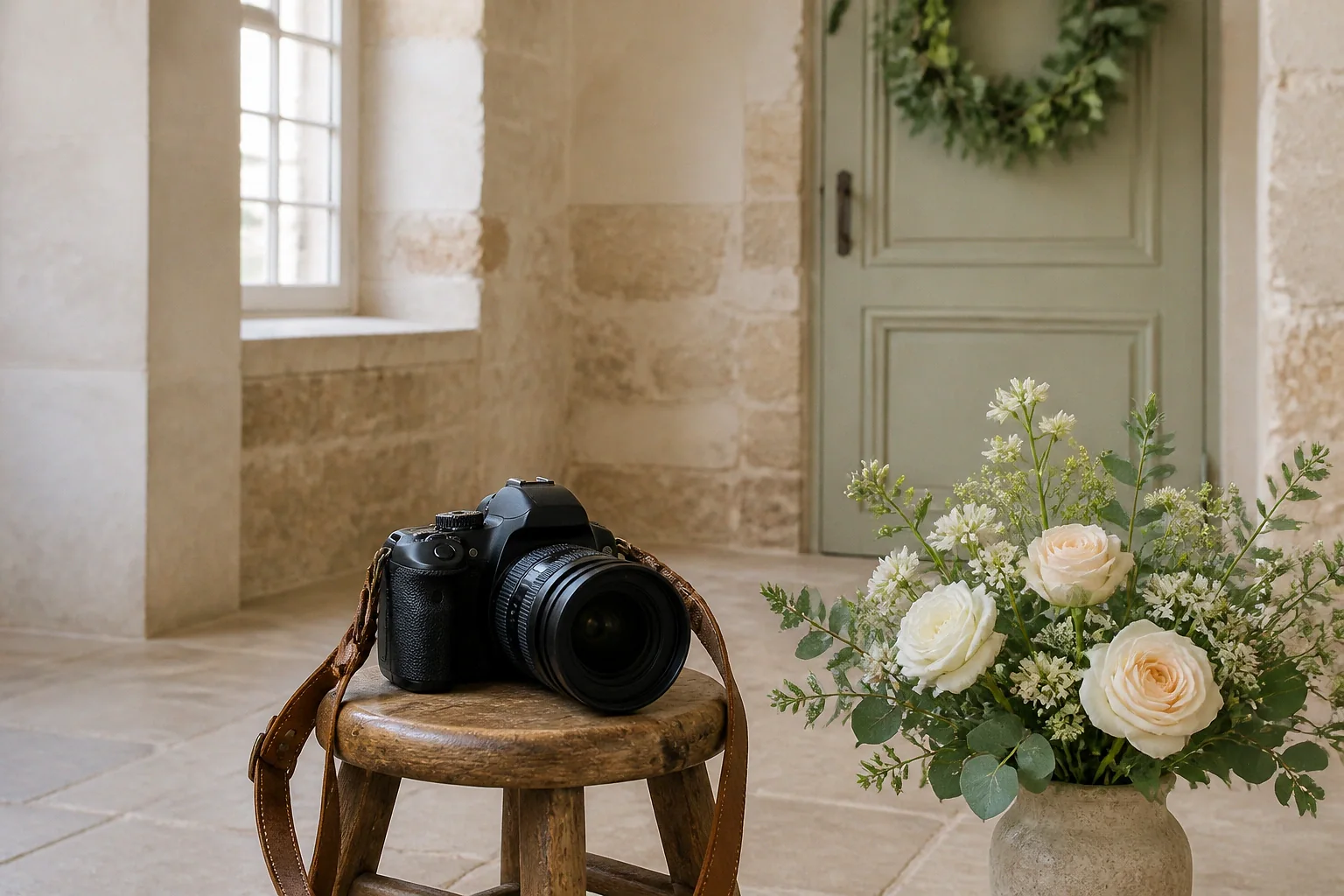 Appareil photo et accessoires de reportage de mariage — illustration générée par IA