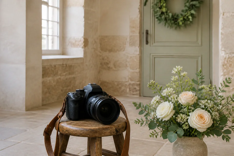 Appareil photo et accessoires de reportage de mariage — illustration générée par IA