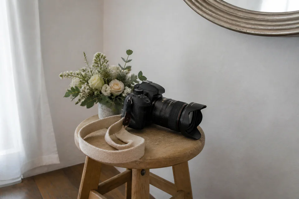 Appareil photo et accessoires de reportage de mariage — illustration générée par IA