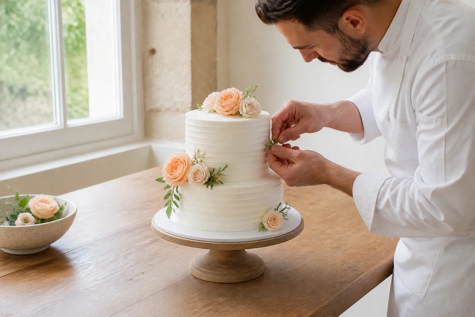 Gâteau de mariage préparé dans un atelier — illustration générée par IA