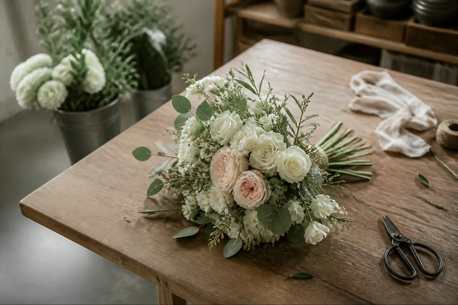 Préparation florale pour un mariage — illustration générée par IA