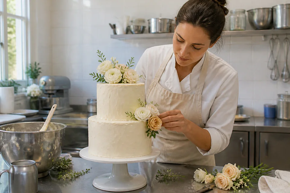 Gâteau de mariage préparé dans un atelier — illustration générée par IA