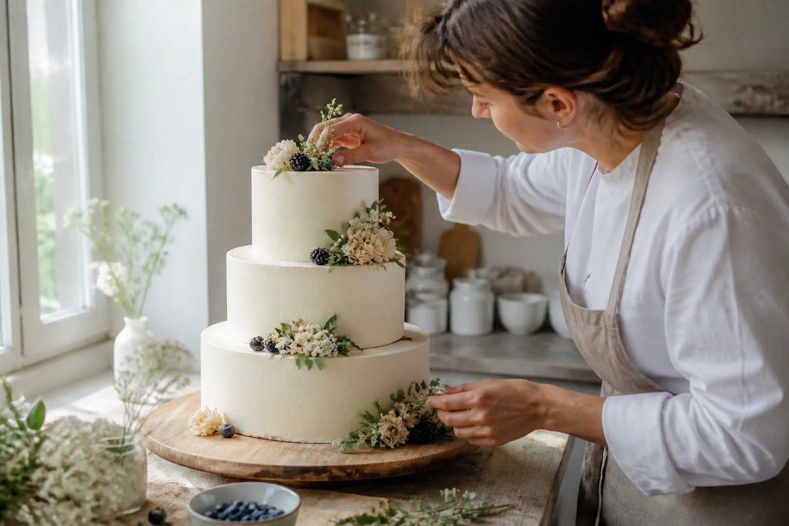 Gâteau de mariage préparé dans un atelier — illustration générée par IA