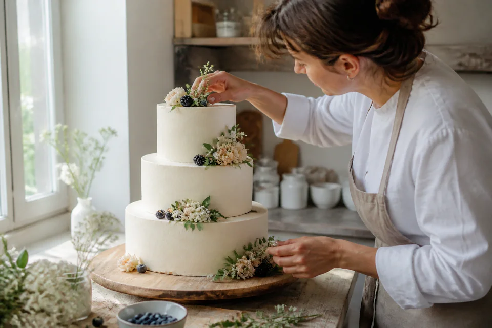 Gâteau de mariage préparé dans un atelier — illustration générée par IA