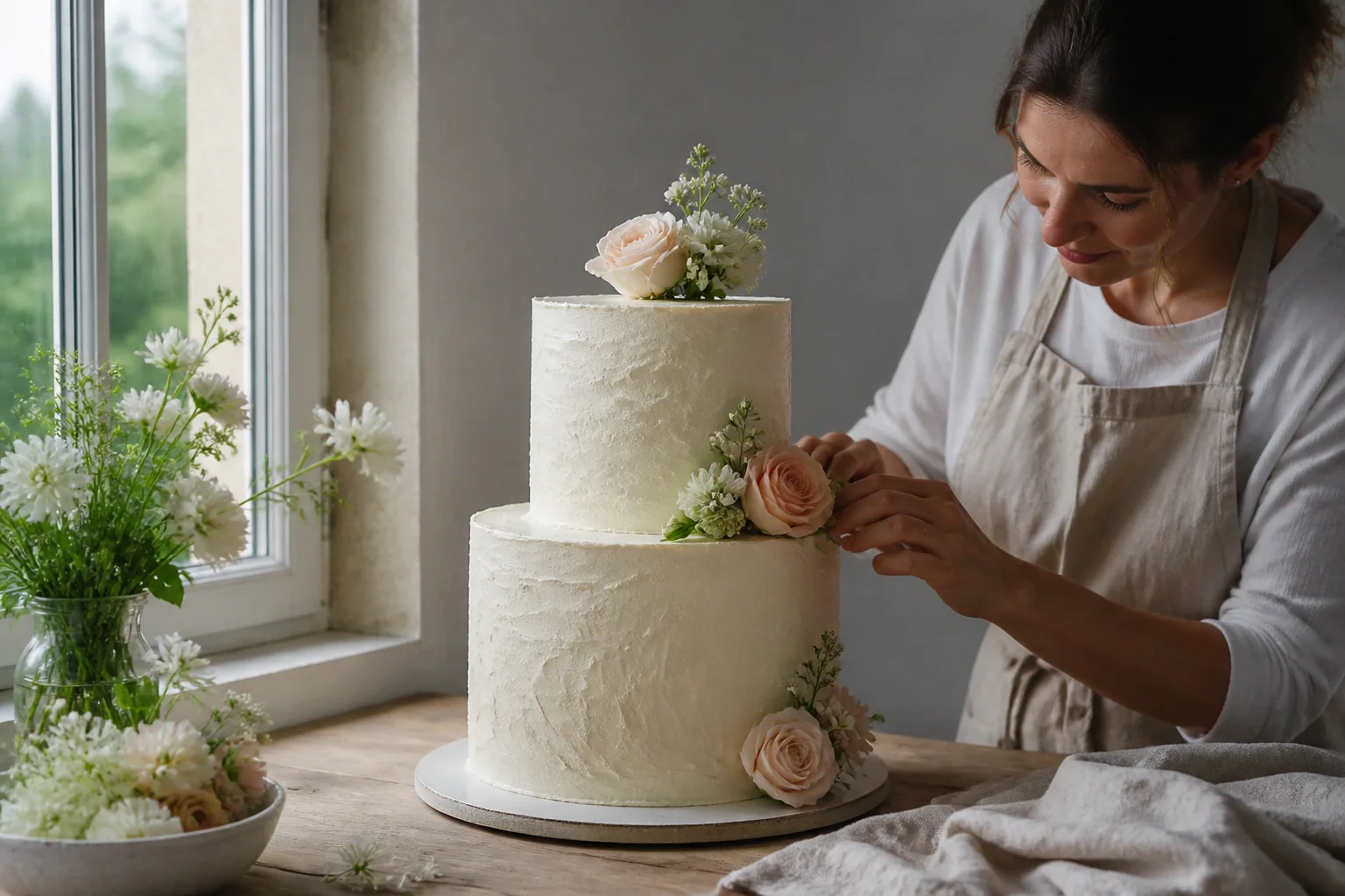 Gâteau de mariage préparé dans un atelier — illustration générée par IA