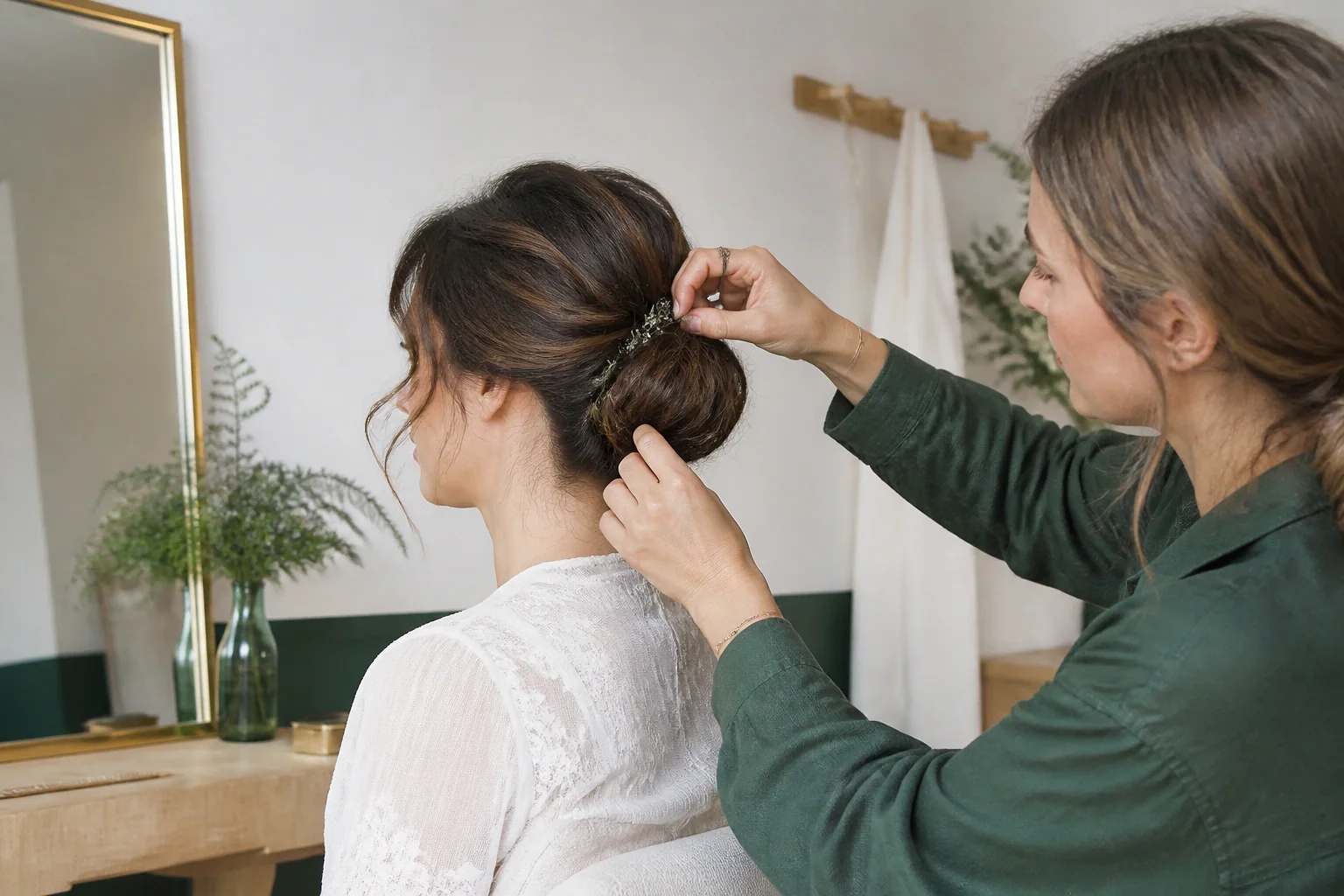 Coiffure de cérémonie vue pendant la préparation — illustration générée par IA